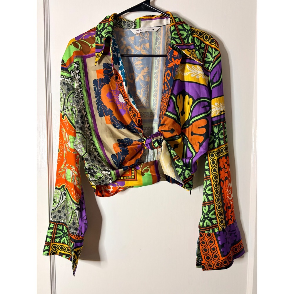 Zara Scarf Print Crop Top Long Sleeve Front Knot Blouse Multi Color Paisley L